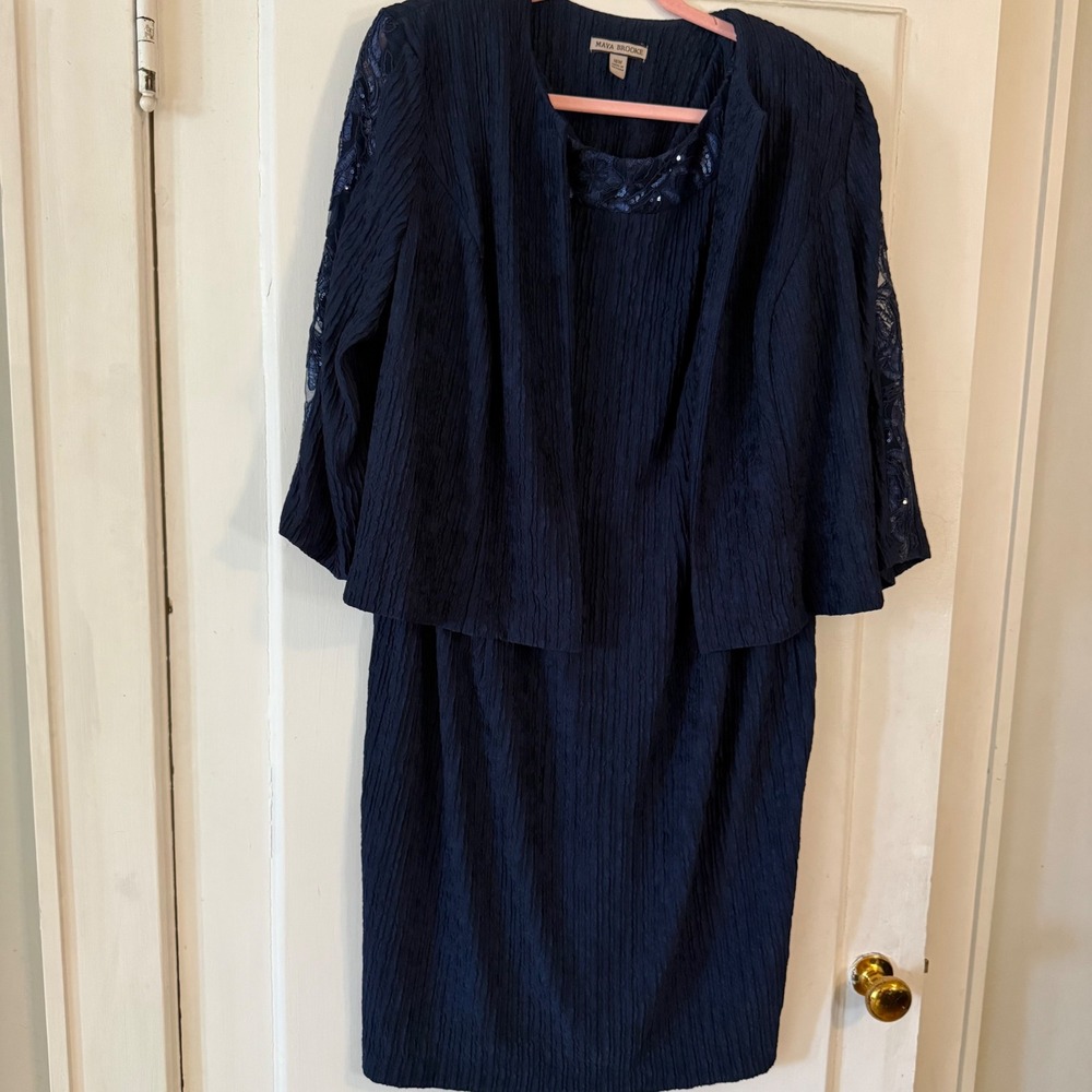 Maya Brooke Navy Blue‎ Textured Dress & Jacket Set Women 16W Sequin Lace Formal